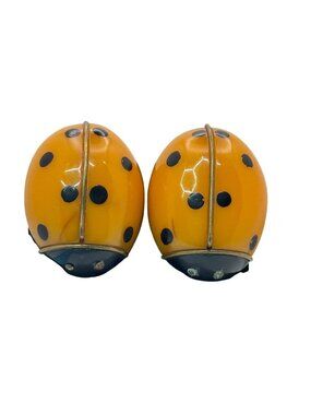 Bakelite Ladybug Shoe Clips Brooches RARE 1.5" Vtg Yellow Polka Dotted Orange